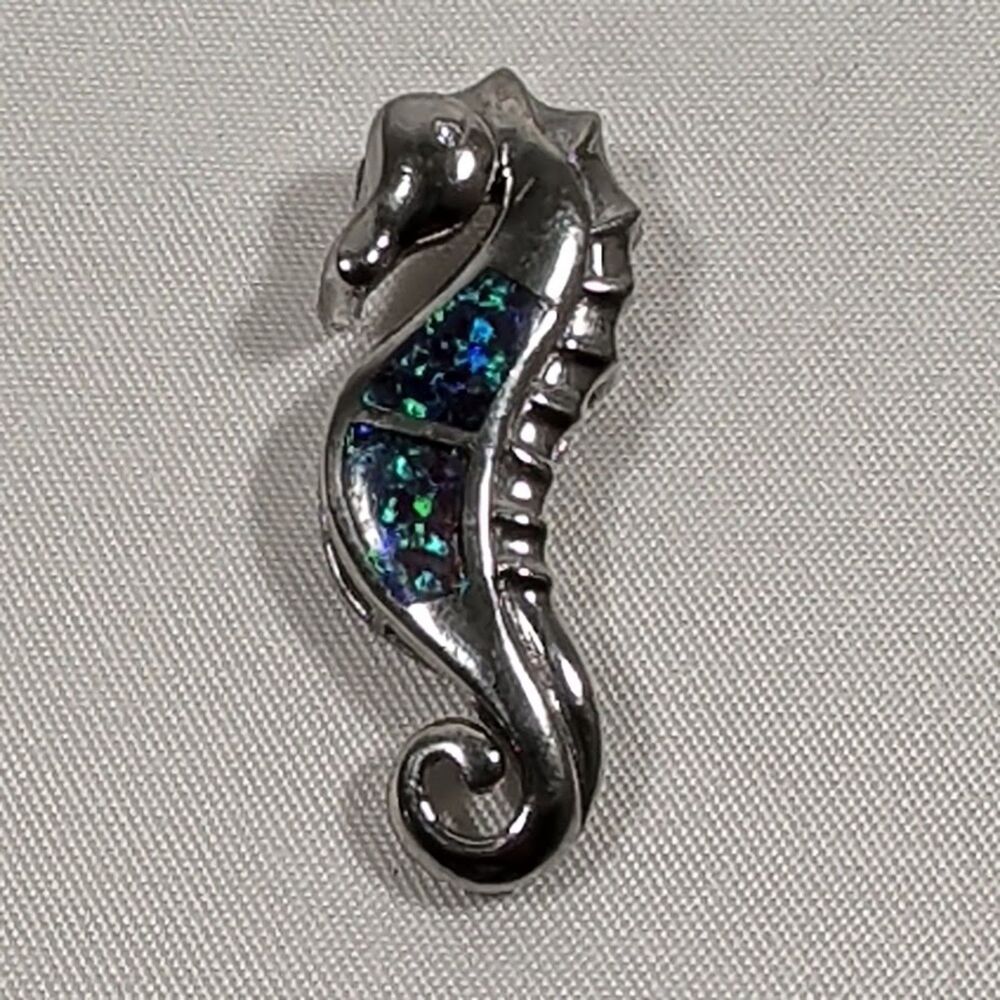 Sterling Silver 925 Seahorse Pendant Blue Opal Inlay Nautical Ocean Neck Charm